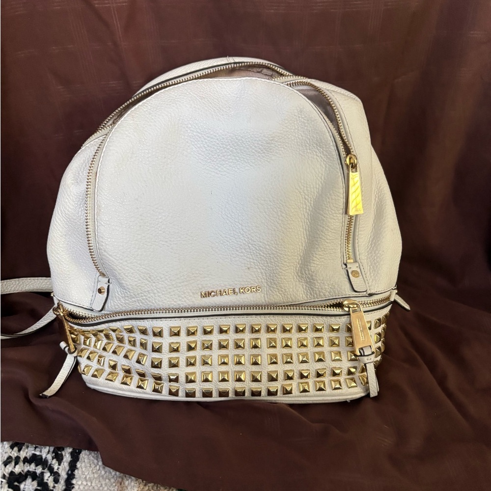 Michael Kors White Pebbled Leather Studded Backpack | Gold Hardware